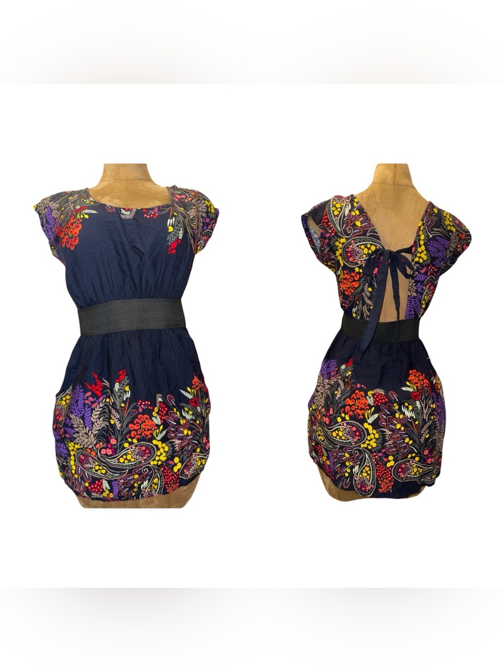Body Central Navy Mini Dress with Multicolor Floral Print, Open back & Tie Sz L